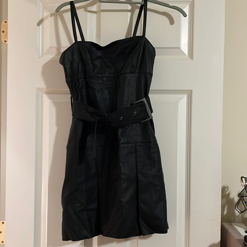 Vegan Leather Black Dress with Detachable Belt